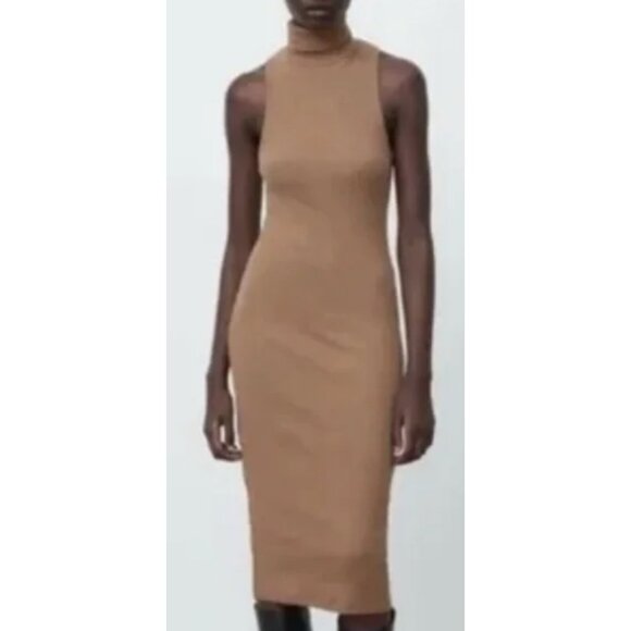 Zara Dresses & Skirts - ZARA Ribbed Turtleneck Sleeveless Bodycon Midi Dress in Camel Tan Minimalist M